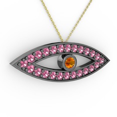 Sitrin ve pembe kuvars 925 ayar siyah rodyum kaplama gümüş kolye (40 cm altın rolo zincir)