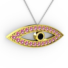 Siyah zirkon ve pembe kuvars 18 ayar altın kolye (40 cm beyaz altın rolo zincir)