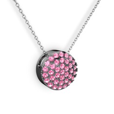 Taşlı Adiva Kolye - Pembe kuvars 925 ayar siyah rodyum kaplama gümüş kolye (40 cm beyaz altın rolo zincir) #1vqugkb