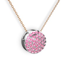Pembe kuvars 18 ayar beyaz altın kolye (40 cm rose altın rolo zincir)