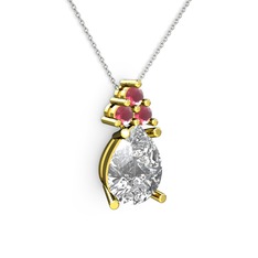 Beyaz zirkon ve kök yakut 925 ayar altın kaplama gümüş kolye (40 cm beyaz altın rolo zincir)