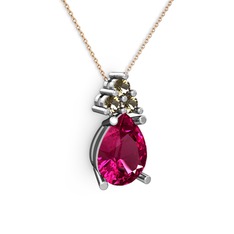 Rodolit garnet ve dumanlı kuvars 14 ayar beyaz altın kolye (40 cm rose altın rolo zincir)