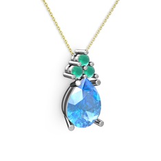 Madiva Kolye - Akuamarin ve kök zümrüt 8 ayar beyaz altın kolye (40 cm altın rolo zincir) #11275lh