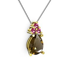 Dumanlı kuvars ve rodolit garnet 8 ayar altın kolye (40 cm gümüş rolo zincir)