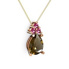 Dumanlı kuvars ve rodolit garnet 925 ayar rose altın kaplama gümüş kolye (40 cm altın rolo zincir)