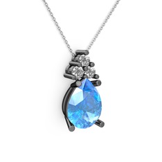 Madiva Kolye - Akuamarin ve swarovski 925 ayar siyah rodyum kaplama gümüş kolye (40 cm beyaz altın rolo zincir) #17byubl