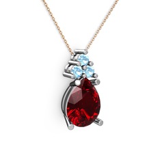 Garnet ve akuamarin 8 ayar beyaz altın kolye (40 cm rose altın rolo zincir)