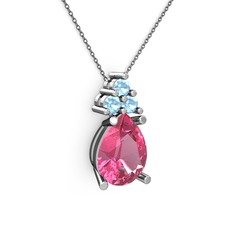 Pembe kuvars ve akuamarin 18 ayar beyaz altın kolye (40 cm gümüş rolo zincir)