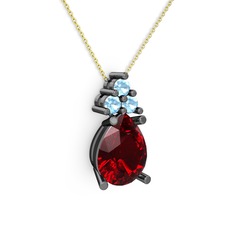 Garnet ve akuamarin 925 ayar siyah rodyum kaplama gümüş kolye (40 cm altın rolo zincir)