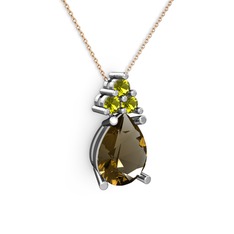 Dumanlı kuvars ve peridot 14 ayar beyaz altın kolye (40 cm rose altın rolo zincir)