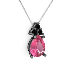 Madiva Kolye - Pembe kuvars ve siyah zirkon 925 ayar siyah rodyum kaplama gümüş kolye (40 cm beyaz altın rolo zincir) #1d1f0rh