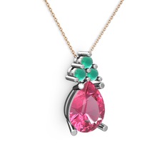 Madiva Kolye - Pembe kuvars ve kök zümrüt 8 ayar beyaz altın kolye (40 cm rose altın rolo zincir) #1d3bb3c