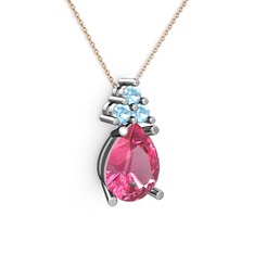 Pembe kuvars ve akuamarin 8 ayar beyaz altın kolye (40 cm rose altın rolo zincir)