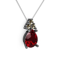 Madiva Kolye - Garnet ve dumanlı kuvars 925 ayar siyah rodyum kaplama gümüş kolye (40 cm beyaz altın rolo zincir) #1erik1b