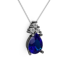 Madiva Kolye - Lab safir ve swarovski 925 ayar siyah rodyum kaplama gümüş kolye (40 cm beyaz altın rolo zincir) #1fkagzi