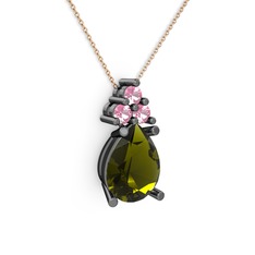 Madiva Kolye - Peridot ve pembe kuvars 925 ayar siyah rodyum kaplama gümüş kolye (40 cm rose altın rolo zincir) #1g7k4a2