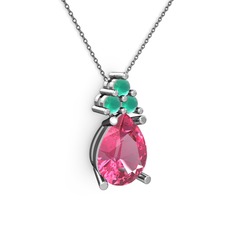 Pembe kuvars ve kök zümrüt 18 ayar beyaz altın kolye (40 cm gümüş rolo zincir)