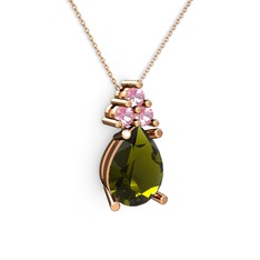 Peridot ve pembe kuvars 8 ayar rose altın kolye (40 cm rose altın rolo zincir)