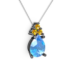 Madiva Kolye - Akuamarin ve sitrin 925 ayar siyah rodyum kaplama gümüş kolye (40 cm beyaz altın rolo zincir) #1ii65pw