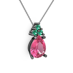 Pembe kuvars ve yeşil kuvars 925 ayar siyah rodyum kaplama gümüş kolye (40 cm gümüş rolo zincir)