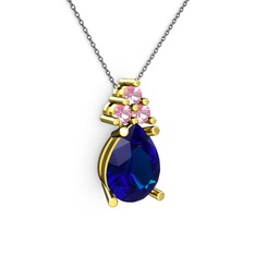Lab safir ve pembe kuvars 18 ayar altın kolye (40 cm gümüş rolo zincir)