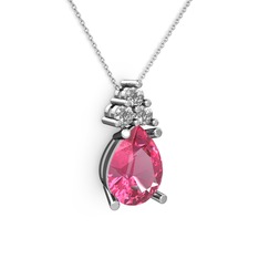 Pembe kuvars ve beyaz zirkon 925 ayar gümüş kolye (40 cm beyaz altın rolo zincir)