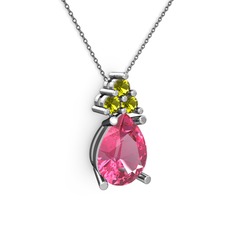 Pembe kuvars ve peridot 18 ayar beyaz altın kolye (40 cm gümüş rolo zincir)