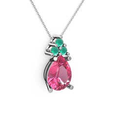 Pembe kuvars ve kök zümrüt 8 ayar beyaz altın kolye (40 cm beyaz altın rolo zincir)