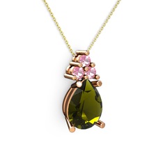 Peridot ve pembe kuvars 14 ayar rose altın kolye (40 cm altın rolo zincir)