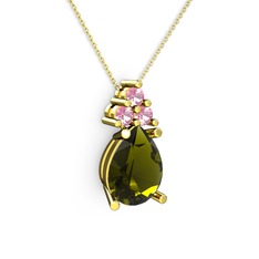 Madiva Kolye - Peridot ve pembe kuvars 8 ayar altın kolye (40 cm altın rolo zincir) #1lhbpbk