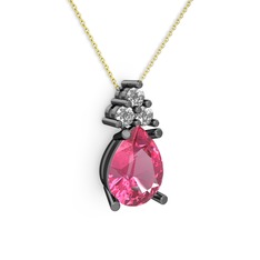 Pembe kuvars ve swarovski 925 ayar siyah rodyum kaplama gümüş kolye (40 cm altın rolo zincir)