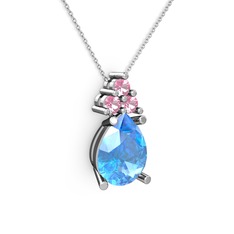 Akuamarin ve pembe kuvars 18 ayar beyaz altın kolye (40 cm beyaz altın rolo zincir)