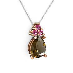 Dumanlı kuvars ve rodolit garnet 8 ayar rose altın kolye (40 cm beyaz altın rolo zincir)