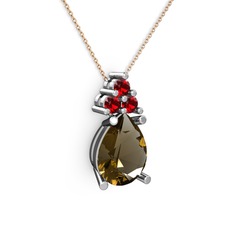 Dumanlı kuvars ve garnet 8 ayar beyaz altın kolye (40 cm rose altın rolo zincir)