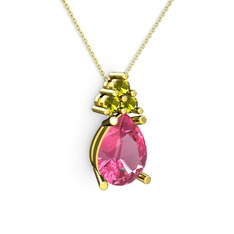 Pembe kuvars ve peridot 18 ayar altın kolye (40 cm altın rolo zincir)