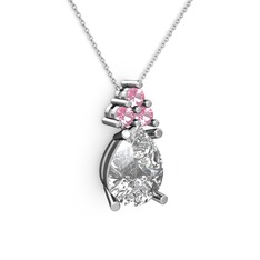 Swarovski ve pembe kuvars 14 ayar beyaz altın kolye (40 cm gümüş rolo zincir)