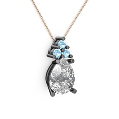 Madiva Kolye - Swarovski ve akuamarin 925 ayar siyah rodyum kaplama gümüş kolye (40 cm rose altın rolo zincir) #1u37hqs