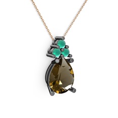 Madiva Kolye - Dumanlı kuvars ve kök zümrüt 925 ayar siyah rodyum kaplama gümüş kolye (40 cm rose altın rolo zincir) #1uiahl2