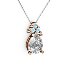 Swarovski ve akuamarin 925 ayar rose altın kaplama gümüş kolye (40 cm beyaz altın rolo zincir)