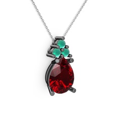Madiva Kolye - Garnet ve kök zümrüt 925 ayar siyah rodyum kaplama gümüş kolye (40 cm beyaz altın rolo zincir) #1wf3by4