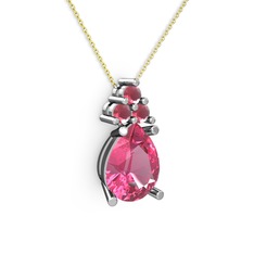 Pembe kuvars ve kök yakut 18 ayar beyaz altın kolye (40 cm altın rolo zincir)