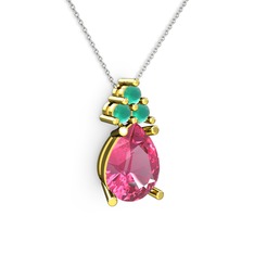 Pembe kuvars ve kök zümrüt 925 ayar altın kaplama gümüş kolye (40 cm beyaz altın rolo zincir)