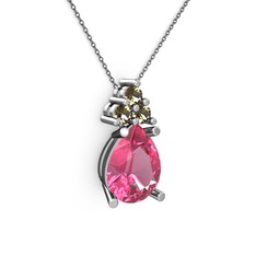 Pembe kuvars ve dumanlı kuvars 18 ayar beyaz altın kolye (40 cm gümüş rolo zincir)