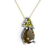 Dumanlı kuvars ve peridot 8 ayar beyaz altın kolye (40 cm altın rolo zincir)