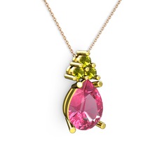 Pembe kuvars ve peridot 18 ayar altın kolye (40 cm rose altın rolo zincir)