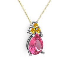 Pembe kuvars ve sitrin 14 ayar beyaz altın kolye (40 cm altın rolo zincir)