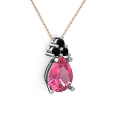 Pembe kuvars ve siyah zirkon 18 ayar beyaz altın kolye (40 cm rose altın rolo zincir)