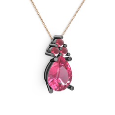 Pembe kuvars ve kök yakut 925 ayar siyah rodyum kaplama gümüş kolye (40 cm gümüş rolo zincir)
