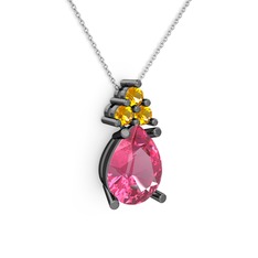 Pembe kuvars ve sitrin 925 ayar siyah rodyum kaplama gümüş kolye (40 cm beyaz altın rolo zincir)