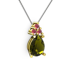 Peridot ve kök yakut 14 ayar altın kolye (40 cm gümüş rolo zincir)
